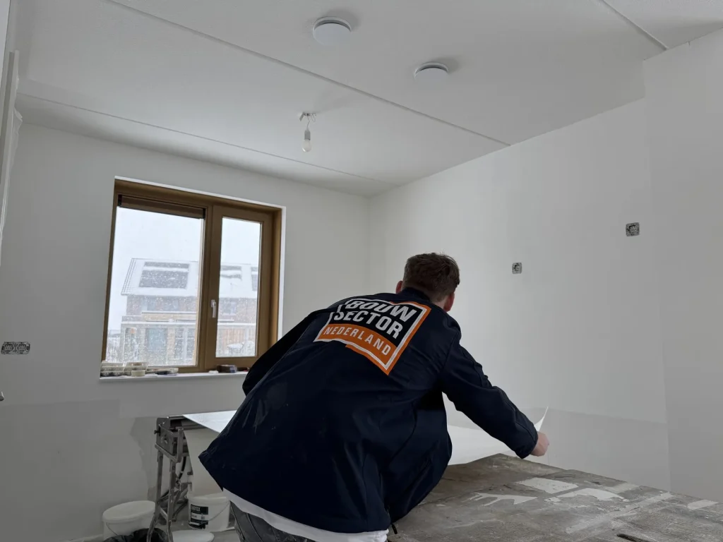 Vakman van Bouwsector Nederland in werkjas legt een baan vlies op de plaktafel onder een raam met sneeuw buiten